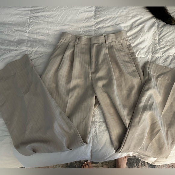 Pants - Chic Beige Pinstripe Trousers